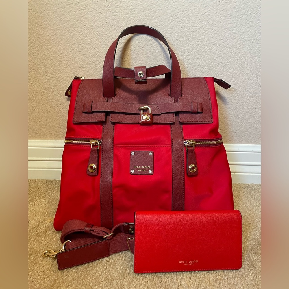 Henri Bendel Red/Burgundy Jetsetter Convertible Backpack and Wallet